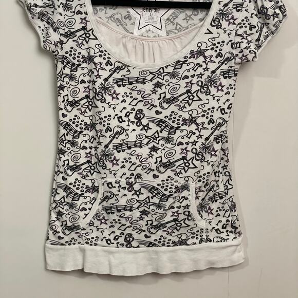 Y2K Vintage Energie L short sleeve t-shirt music notes AOP pockets black white - Picture 3 of 7